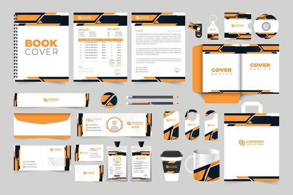 Company promotion stationery design with abstract shapes. Modern business letterhead, invoice, and envelope vector with yellow and dark colors. Brand identity template collection for marketing.