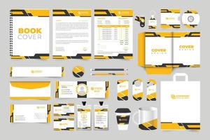 Modern business advertising ID cards, phone cases, and email signature vectors with yellow and dark colors. Corporate identity office stationery design. Company promotion template set for marketing.