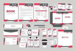 Corporate identity template collection with dark and red colors. Business promotional stationery design for marketing. Company brand advertisement email signature, ID card, and visiting card design. vector