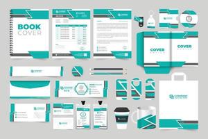 Company brand identity and promotional template collection with aqua color. Business letterhead, invoice, and envelope design for advertisement. Corporate ID card and office stationery design. vector