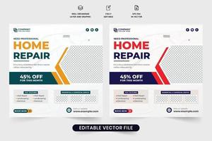 Home renovation web banner template design for social media marketing. Home repair service social media post vector with photo placeholders. Real estate handyman service promotional poster design.