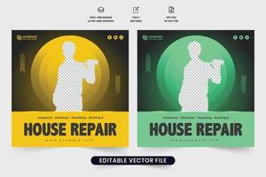 Modern handyman business advertisement template design with green and yellow colors. House construction and repair service social media post vector. Real estate business promotion template. vector