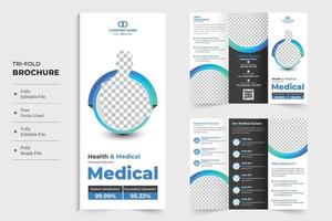 Medical advertisement tri fold brochure template design with round shapes. Hospital leaflet and poster layout vector with blue colors. Modern clinic promotional brochure template vector for marketing.