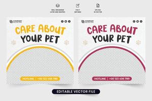 Pet grooming and veterinary shop promotional template design with round shapes. Pet shelter advertisement web banner vector for marketing. Pet care social media post vector with yellow and red colors.