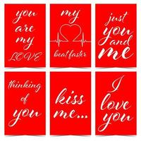 Valentine's Day romantic greeting postcards with love calligraphic text and messages on red background. Vector illustration in flat style can be also used as gift label, tag, sticker or badge.