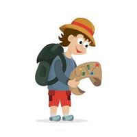 Cute boy looking at map with backpack and hat. The traveler is holding the map and looking for the way. Cartoon tourist. Vector illustration isolated on white background.