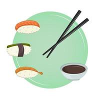 Sushi set with chopsticks and soy sauce. The concept of Asian traditional cuisine. Vector illustration. Cartoon.