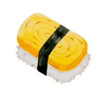 nigiri de sushi de huevo. acuarela dibujada a mano de comida japonesa png