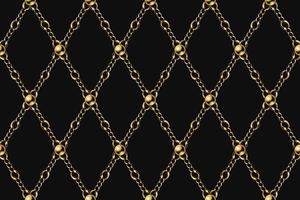 Vintage geometric gold pattern with metal chains and beads. Rhombus grid on a black background. vector