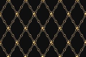 Vintage geometric gold pattern with metal chains and beads. Rhombus grid on a black background. vector