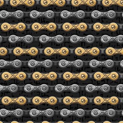 Seamless pattern with steel and gold bike chain. Horizontal regular lines. Vector illustration.
