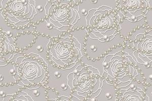 Seamless pattern with white pearl beads, strings of beige pearls, outline roses on pale background. Wavy lines, classic pale pastel color of pearls. Vector illustration