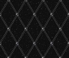 Vintage geometric pattern with black steel chains and beads. Rhombus grid on a black textured background with small particle like dust, motes. Low contrast illustration vector