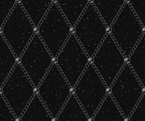 Vintage geometric pattern with black steel chains and beads. Rhombus grid on a black textured background with small particle like dust, motes. Low contrast illustration
