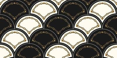 Shell shaped grid seamless pattern with gold chain and beads on black background. Fashion illustration. Seamless art deco pattern. Vector