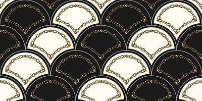 Shell shaped grid seamless pattern with gold chain and beads on black background. Fashion illustration. Seamless art deco pattern. Vector