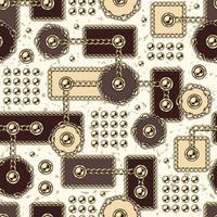 Seamless abstract pattern with geometric shapes, gold chains, beads, buttons. Circles, rectangels, square in random composition. Inspired of memphis style. vector