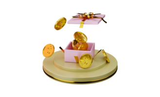 Monedas de oro de renderizado 3d en una caja de regalo concepto de imagen de transparencia inversión financiera png