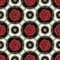 Seamless geometric pattern with red roses, round elements made of gold chains, beads arranged in staggered manner. Classic jewelry background vector