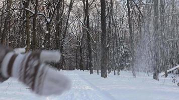 les mains dans des mitaines jettent une poignée de neige dans le parc. fille jette des flocons de neige dans la forêt d'hiver en profitant d'une belle journée d'hiver. ralenti avec mouvement inverse, au contraire. notion d'hiver. video