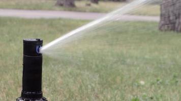 Rasenbewässerungssystem, das in einem grünen Park arbeitet. Besprühen Sie den Rasen bei heißem Wetter mit Wasser. automatischer Sprinkler. der automatische Bewässerungssprinklerkopf bewässert den Rasen. intelligenter Garten. video