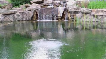 A small decorative waterfall flows with splashes in a pond. Landscaping with stones and water in a park or garden. Natural landscape in the rainforest. video