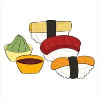 set de sushi con daikon, salmón, atún y nori. ilustración vectorial sobre un fondo blanco. vector