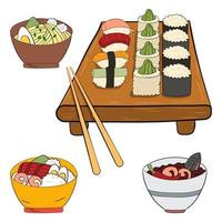 un juego de sushi en un tablero y fideos ramen. ilustración vectorial sobre un fondo blanco. vector