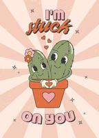 Retro groovy valentines day greeting card, banner, poster, invitation, background. Cute cactus vector