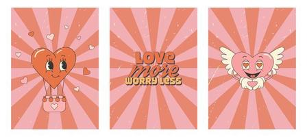 Retro groovy valentines day poster set. Greeting card, banner, invitation. Love concept. 70s 60s cartoon aesthetics vector