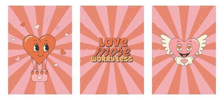 Retro groovy valentines day poster set. Greeting card, banner, invitation. Love concept. 70s 60s cartoon aesthetics vector