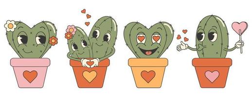 maravilloso conjunto de pegatinas de cactus del día de san valentín. personajes lindos y divertidos. día de san valentín retro. Estética de dibujos animados de los años 70 y 60. vector