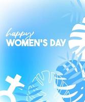 Happy women's day blue gradient banner. Happy women's day card with tropical leaves in the background. vector