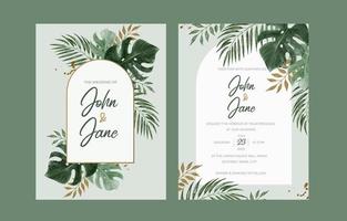 invitación de boda con hojas tropicales de acuarela vector