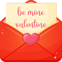 Open red envelope with a love note text be mine valentine. Valentines day greeting card. Illustration for design isolated on transparent background. png