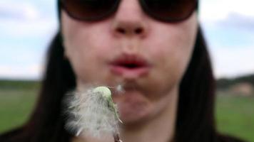 retrato de una hermosa joven en un césped de verano que sopla sobre un diente de león maduro en un día soleado al aire libre. disfruta de la naturaleza. concepto libre de alergias. vídeo inverso video