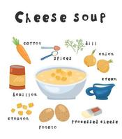Receta ilustrada de sopa de queso. vector