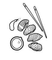 Simple doodle illustration of sashimi. Japanese cuisine, chopsticks. Vector illustration for menus, culinary publics, brochures