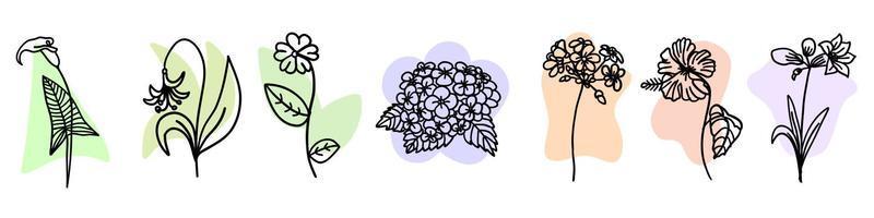 Flowers with colorful brush set in flat doodle cartoon style. Vector illustration set on white background.