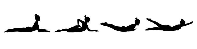 Yoga poses collection. Black shadow. Female woman girl. Vector illustration in cartoon flat style isolated on white background.