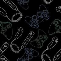 Seamless pattern of game controllers. Vector illustration in hand-drawn outline flat style on black background