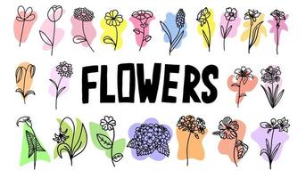 Flowers with colorful brush set in flat doodle cartoon style. Vector illustration set on white background.