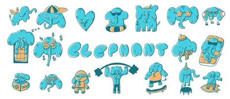 Elephants set in different situations. Vector illustration in cartoon flat style isolated on white background.