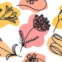 Flowers with colorful brush seamless pattern in flat doodle cartoon style. Vector seamless wallpaper with white background.