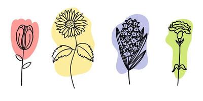 Flowers with colorful brush set in flat doodle cartoon style. Vector illustration set on white background.