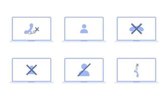 No signal or lost connection. Set of illustrations with different icons on a laptop vector