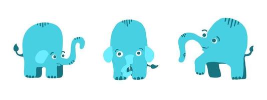 Cute blue elephants set in cartoon flat style. Vector illustration in cartoon flat style isolated on white background.