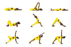 Yoga poses collection. African American. Female woman girl. Vector illustration in cartoon flat style isolated on white background.