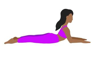 mujer afroamericana de pelo largo. pose de yoga en estilo plano de dibujos animados. mujer mujer niña. ilustración vectorial en estilo plano de dibujos animados aislado sobre fondo blanco. vector