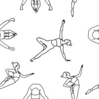 Seamless pattern wallpaper. Yoga poses collection. Black and white. Female woman girl. Vector illustration in outline style isolated on white background.